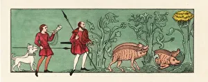 Men swine hunting with spears and horn, 9th century Men swine hunting with spears and horn, 9th century