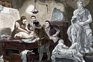 Michelangelo explaining anatomy to his disciples. Engraving Michelangelo explaining anatomy to his disciples. Engraving