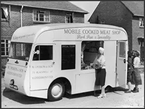 Prints of Mobile cooked meat shop of W J Poxon and Sons, Kidderminster, specialising in pork pies Worcestershire Prints: Mobile Butchers Shop Print: Pork Pies Display