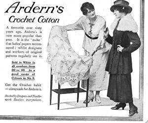 New Images July 2023 Collection: Two models discussing a fabric held out by the draper. Advert for Arden's Crochet Cotton. Date: 1918