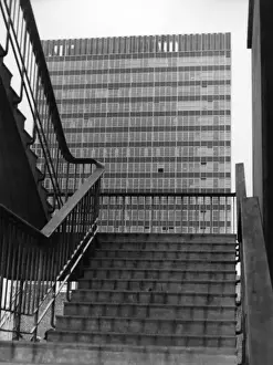 Prints of Steps leading up to modern post World War Two office blocks in the London Wall area of the City of London. Date: 1960s City Of London Prints: London Wall Office Blocks Print, 1960s