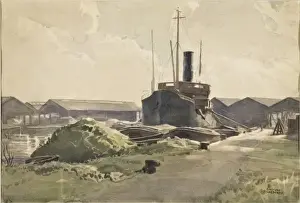 Moored Ships Print - Watercolour depiction of ships at a wooden dock