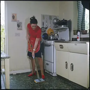Vintage Domestic Scene Prints: Mopping Kitchen Floor