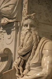 Prints of Moses. Marble sculpture by Michelangelo Buonarroti (1513-1515). Tomb of Pope Julius II. Church of Saint Pietro in Vincoli. Rome. Italy Famous Works Of Michelangelo Prints: Michelangelo's Moses Marble Sculpture Print