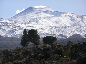 Mount Etna, with trees and a house, Sicily, Italy Mount Etna, with trees and a house, Sicily, Italy