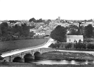 Prints of Moy, Co. Tyrone - an elevated and panoramic view of the town with a bridge and river in the foreground. (Location: Northern Ireland; County Tyrone; Moy). Date: circa early 1900s Tyrone Prints: Panoramic View of Moy, Co. Tyrone Print, circa early 1900s