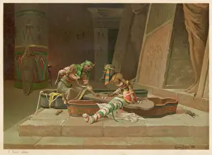Prints of The legend of prince Setna : the mummies of Setna, son of Ramses II, and Ptahneferka, son of Mernebptah, rise from their sarcophagi and dice for the magic book of Thoth Ancient Egypt Prints: Mummies Dicing Print: Ancient Egyptian Sarcophagi Scene