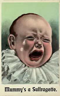 Politic Prints: Circa 1909 Print: Crying Baby, Upset by Suffragette Mummys