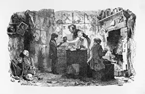 Charles Dickens Prints: Print of Mr. Venus in his workshop surrounded by taxidermy and art pieces