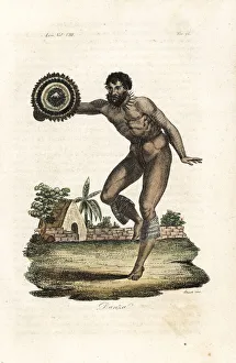 Naked tattooed man of Hawaii dancing with shield, 1778 Naked tattooed man of Hawaii dancing with shield, 1778