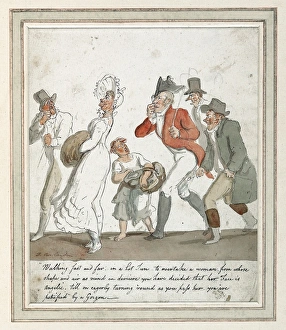Napoleonic era cartoon woman in bonnet on hot day Napoleonic era cartoon woman in bonnet on hot day