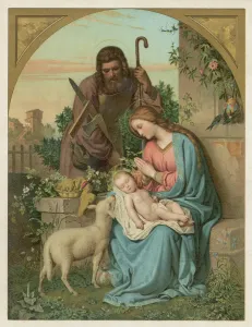 Print of The Nativity with Lamb featuring Joseph and his carpenter's tools