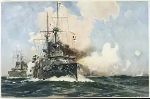 Naval Gun Practice Print: Royal Navy Warships at Firing Exercise