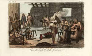 Historical Fashion Illustration Prints: Ancient Germanic warriors at a banquet