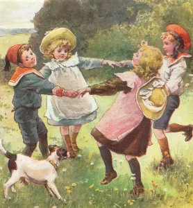 Children at Play Playing Ring-a-Ring-a-Roses Print circa 1906