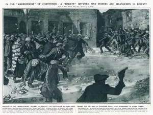 Prints of Fighting in the so-called Marrowbone district of Belfast - an encounter between Sinn Feiners on the left, in Glenpark Street, and loyalist Orangemen in Louisa Street Related Prints: Fighting in the Marrowbone area of Belfast Print 1920
