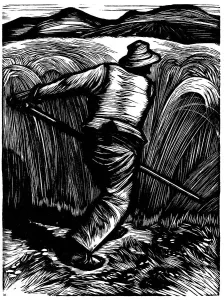 Harvest Woodcut Print of Man with Scythe