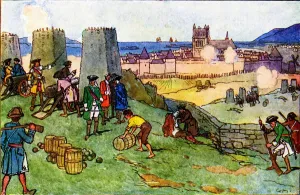 Prints of The Irish Catholic Jacobite supporters of deposed King James cut off the vital supplies needed by the Protestant supporters of William and Mary at the Siege of Derry in 1689 County Londonderry Prints: The Siege of Derry by Jacobite Forces Print