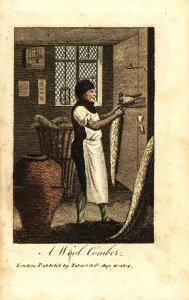 Handcoloured Woodcut Engravings Prints: Wool comber using heated wool combs to pull
