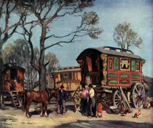 Caravan Prints: Gypsy Caravans at Night Oil Print circa 1929
