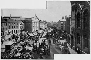 Prints of The Market Place at Newbury, Berkshire, on a busy day. Date: 1890s Berkshire Prints: 1890s Print of Newbury Market Place, Berkshire