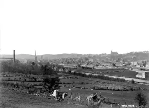 Prints of Newry - a full panorama of the Town with the canal visible and farming fields in the foreground. (Location: Northern Ireland; County Down; Newry). Date: circa early 1900s Down Prints: Early 20th Century Print of Newry Panorama