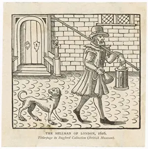 Prints of A night watchman patrols the London streets accompanied by his dog and carrying his lamp and bell. At the time, this was the only public policing body in London Police Prints: Print of Night Watchman, London Street Scene