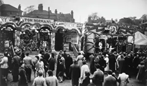 Prints of Nottingham Goose Fair - crowds near Tom Normans Sideshow and Proctors Circus Show Nottingham Prints: Nottingham Goose Fair Print: Vintage Crowd Scene