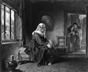 Early 19th Century Print: Contemplative Nun at the Window