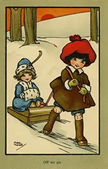 Kids Playing In Snow Prints: Off we go -- children with a sled