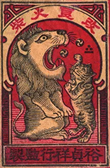 Old Japanese Matchbox label of a cat playing with a lion Old Japanese Matchbox label of a cat playing with a lion