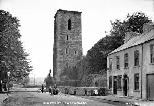 Prints of Old Priory, Newtownards - a view of the priory and the adjacent building, there are a lot of children on the road. (Location: Northern Ireland: County Down: Newtownards). Date: circa early 1900s Down Prints: Old Priory, Newtownards Print - Early 1900s