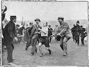 Prints of THE MARATHON Dorando Pietri finishes first but is disqualified because he was helped at the finish. However he is awarded a special cup by Queen Alexandra Olympiad Prints: 1908 London Olympics Marathon Print