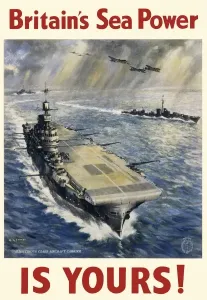 Royal Navy Prints: Print of an Illustrious class aircraft carrier with escorts and aircraft