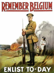 Prints of A WWI recruitment poster stirring memories of the horrors of the German invasion of Belgium to encourage young men to enlist in the armed forces Belgium Prints: WWI Recruitment Print: Remember Belgium