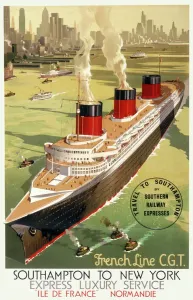 Prints of French Line CGT Poster showing the Normandie cruise ship travelling from Southampton to New York, advertising an express luxury service on both the Ile de France and the Normandie New York Prints: Normandie Cruise Ship Print