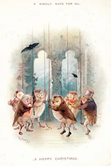 Six owl bellringers on a Christmas card Six owl bellringers on a Christmas card