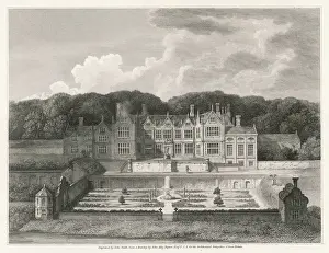 Prints of A fine print of a splendid example of a stately home - Oxnead Hall, Norfolk, with its terrace and walled garden, and woods behind Norfolk Prints: Oxnead Hall Print: A Norfolk Stately Home