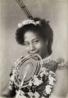 Pacific Islands, Oceania: portrait of a young woman, fan Pacific Islands, Oceania: portrait of a young woman, fan