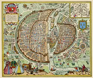 Prints of A fascinating plan of the city, showing the inner and outer walls, the suburbs, the islands; the Tuileries, so central today, are actually outside the city wall Map Prints: Paris in 1578 Print, a detailed city plan