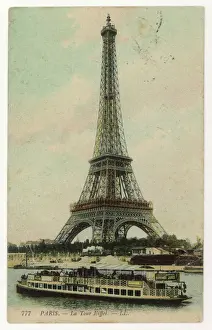 Prints of from the river Seine, with a bateau mouche sightseeing steamer Eiffel Tower Prints: Paris Print from the River Seine 1908