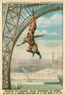 Prints of Francois Reichett tests his parachute by jumping from the Tour Eiffel, Paris; sadly, the test fails, and he is unable to make a second try Date: 1912 Eiffel Tower Prints: Paris Print: Eiffel Tower Parachute Jump 1912