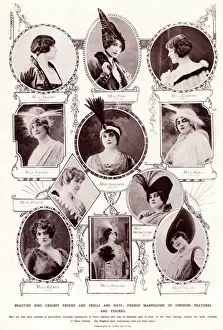 Prints of Fashionable parisienne models wearing the latest hats with feathers. Date: 1914 Fashion Prints: Parisienne Models in Feathered Hats Print, 1914