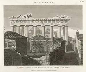 Prints of The eastern portico of the Parthenon seen over neighbouring rooftops Ancient Greece Prints: The Eastern Portico of the Parthenon Print