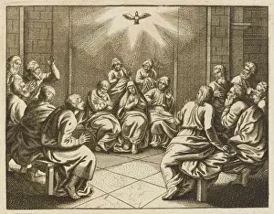 Prints of The Holy Spirit descends in the form of a dove, to the wonder of the disciples Related Prints: Print of Pentecost: The Dove Descending