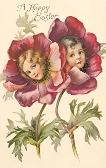 Peony Flower Faces Easter Print circa 1908