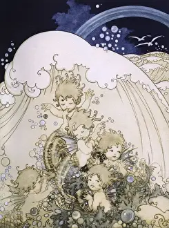 1929 Print of Mer-babies in Surf