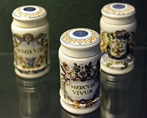 Pharmaceutical porcelain jars. Pharmacy Museum. Turku. Finla Pharmaceutical porcelain jars. Pharmacy Museum. Turku. Finla