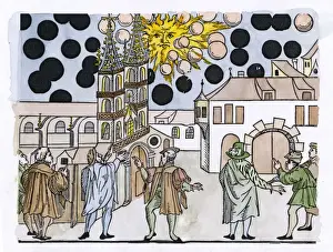 Prints of Curious phenomena seen over the city of Basel, Switzerland, at sunrise and sunset on two days in July and again on 7 August Basel Prints: Basel Sunrise and Sunset Phenomena Print