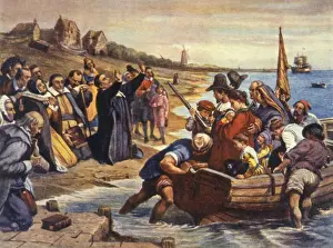 Prints of The pilgrims leave Delft, in the Netherlands, the first leg of their journey to America. Date: July 1620 Delft Prints: The Pilgrim Fathers Leave Delft, 1620 Print